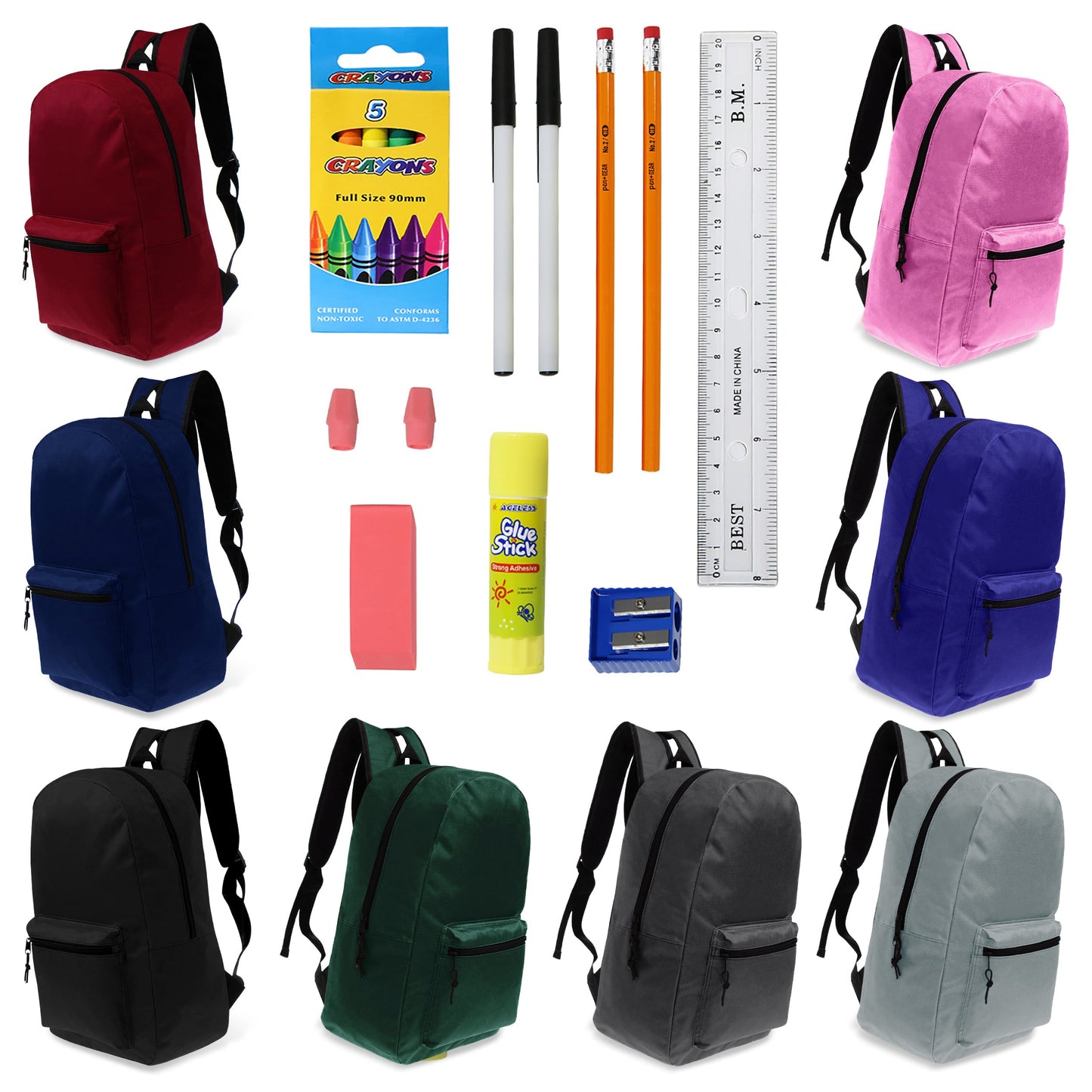 12 Basic 17" Wholesale Backpacks in 8 Assorted Colors & 12 Bulk School Supply Kits of Your Choice