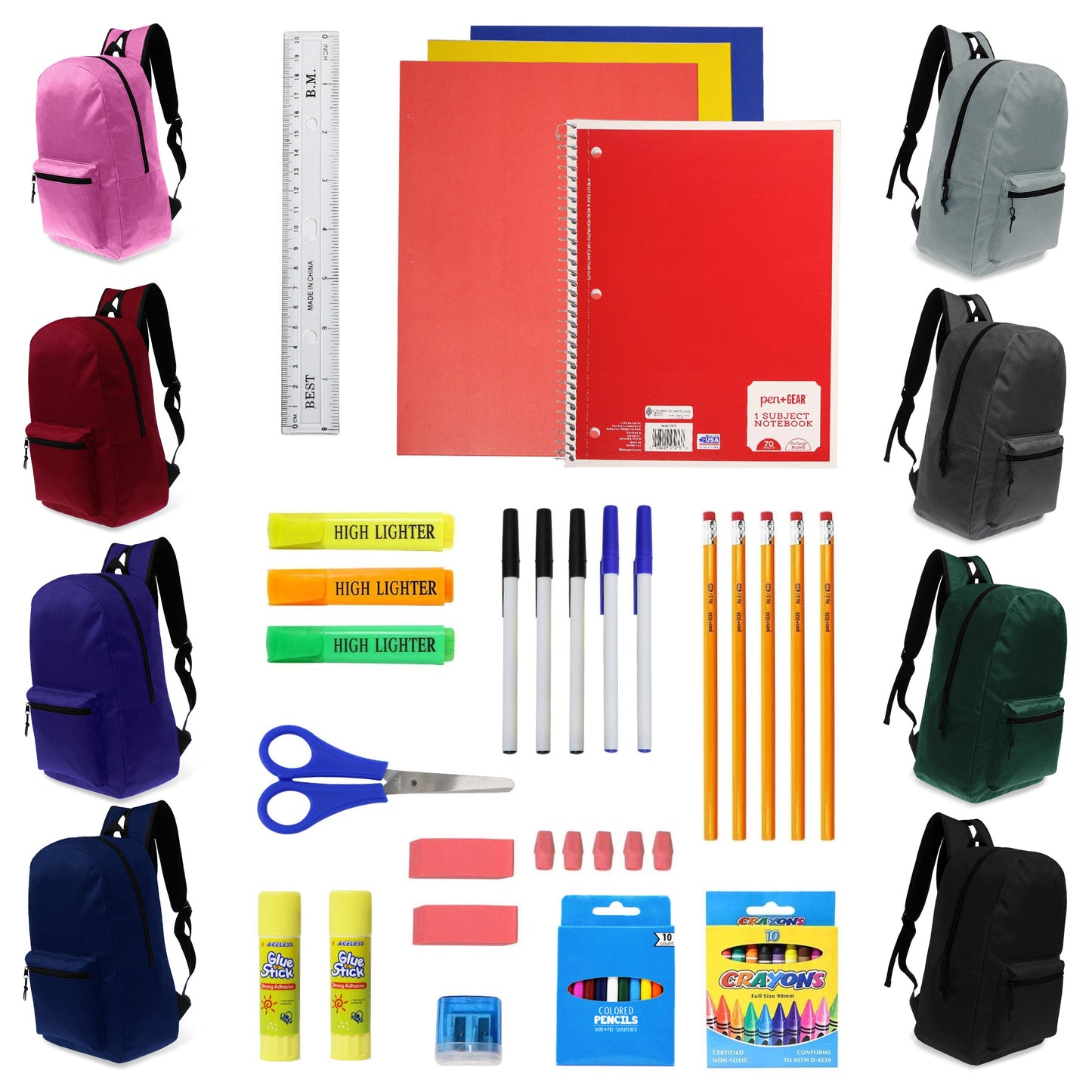 12 Basic 17" Wholesale Backpacks in 8 Assorted Colors & 12 Bulk School Supply Kits of Your Choice