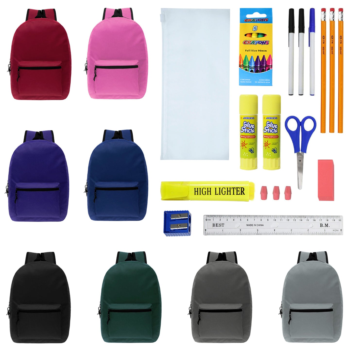 12 Basic 17" Wholesale Backpacks in 8 Assorted Colors & 12 Bulk School Supply Kits of Your Choice