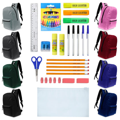 12 Basic 17" Wholesale Backpacks in 8 Assorted Colors & 12 Bulk School Supply Kits of Your Choice