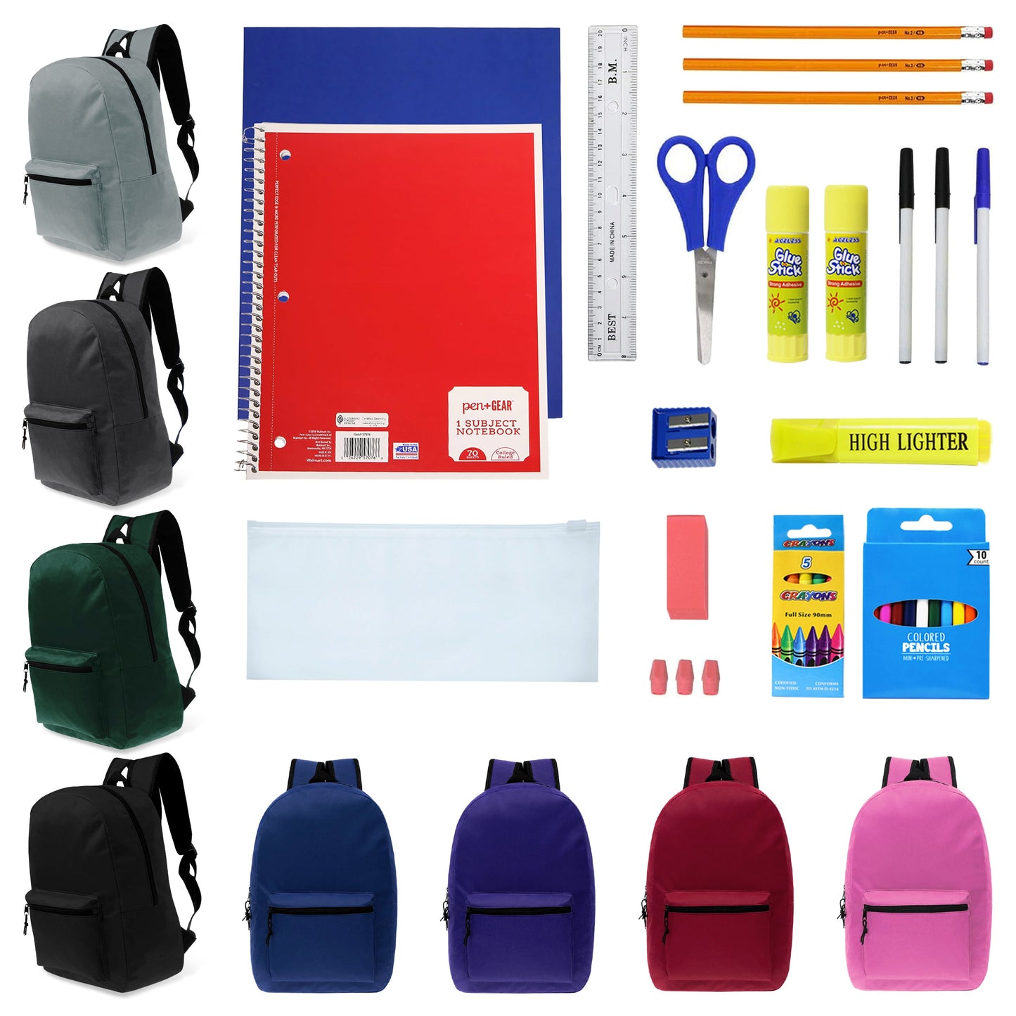 12 Basic 17" Wholesale Backpacks in 8 Assorted Colors & 12 Bulk School Supply Kits of Your Choice