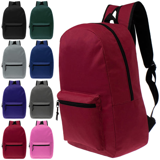 15" Kids Basic Wholesale Backpack in 8 Colors - Bulk Case of 24