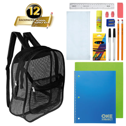 12 Wholesale 17" Mesh Backpacks in Black & 12 Bulk School Supply Kits of Your Choice