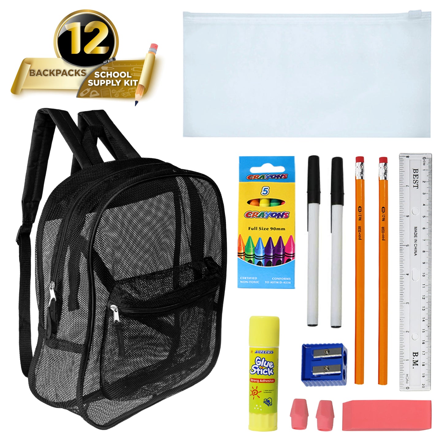 12 Wholesale 17" Mesh Backpacks in Black & 12 Bulk School Supply Kits of Your Choice