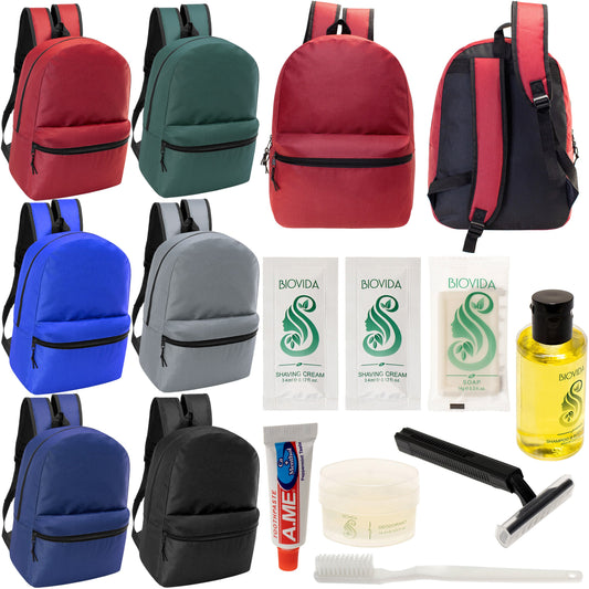 12 Basic 18.5" Backpacks in 6 Assorted Colors & Your Choice of 12 Bulk Hygiene Kits - Wholesale Care Package: Homeless, Emergency, Charity