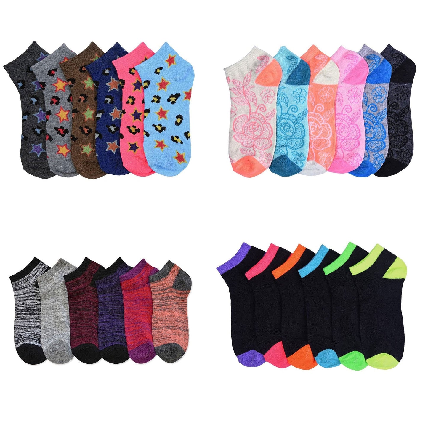 Women's No Show Wholesale Sock, Size 6-8 in 12 Randomly Assorted Styles - Bulk Case of 144 Pairs