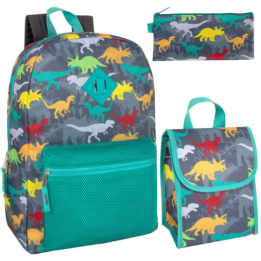 Dino Themed 17 Inch Backpack With Lunch Bag & Pencil Case Wholesale