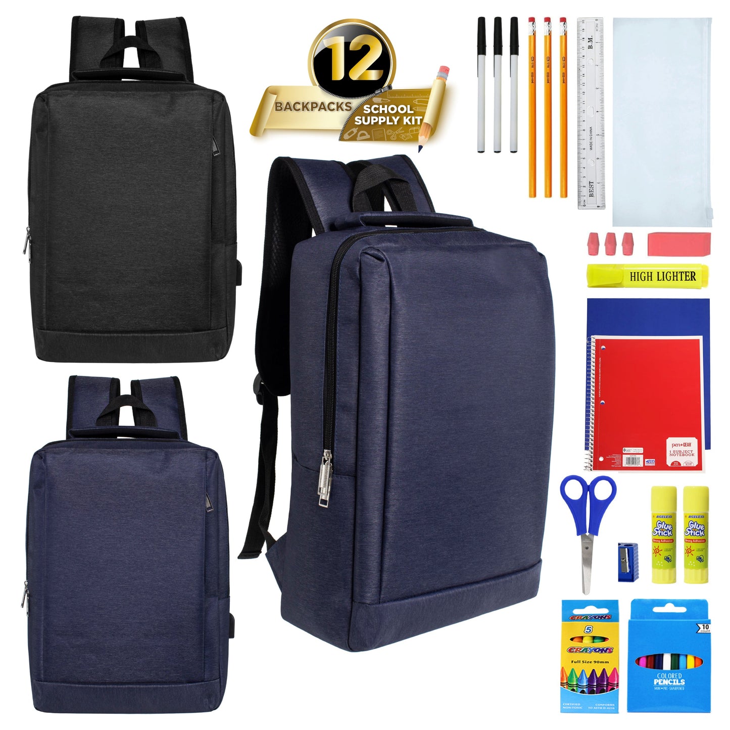 12 Wholesale 18" Premium Laptop Backpacks & 12 Bulk School Supply Kits of Your Choice