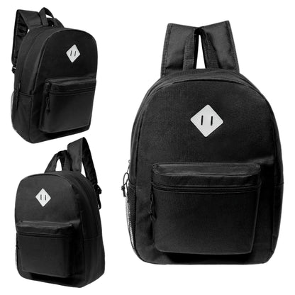 12 Black 17" Backpacks with a Diamond Patch & Side Pocket & 12 Bulk School Supply Kits of Your Choice