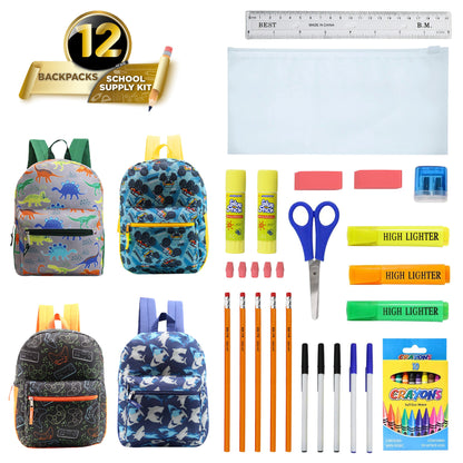 12 Wholesale 15" Printed Kids Backpacks & 12 Bulk School Supply Kits of Your Choice