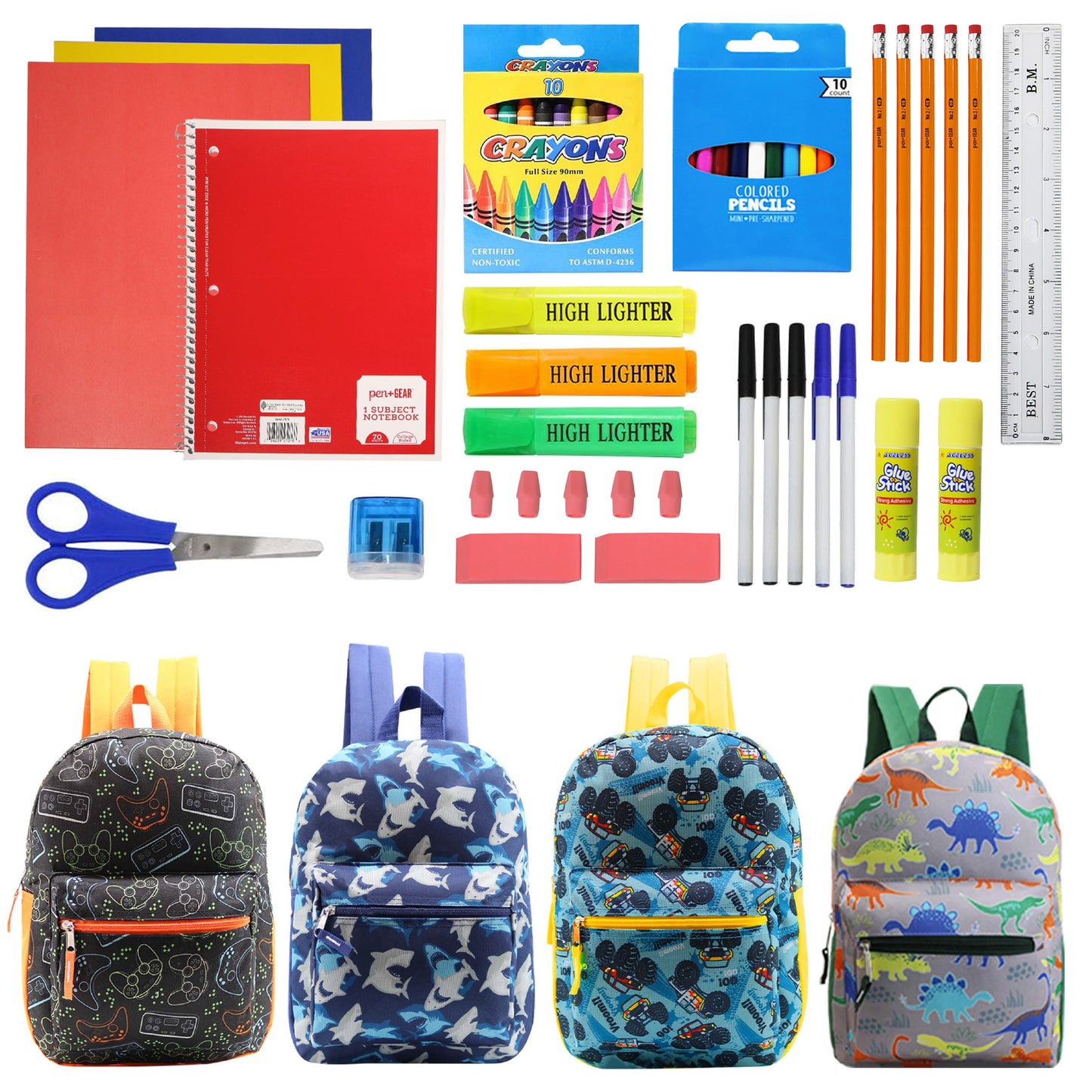 12 Wholesale 15" Printed Kids Backpacks & 12 Bulk School Supply Kits of Your Choice