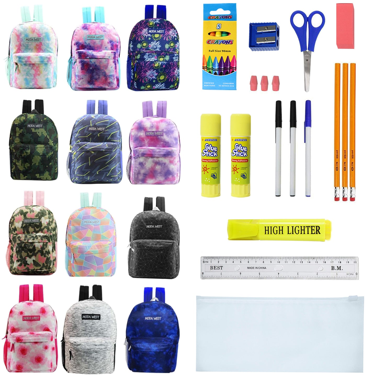 Wholesale Backpacks for Students and 12 Bulk School Supply Kits