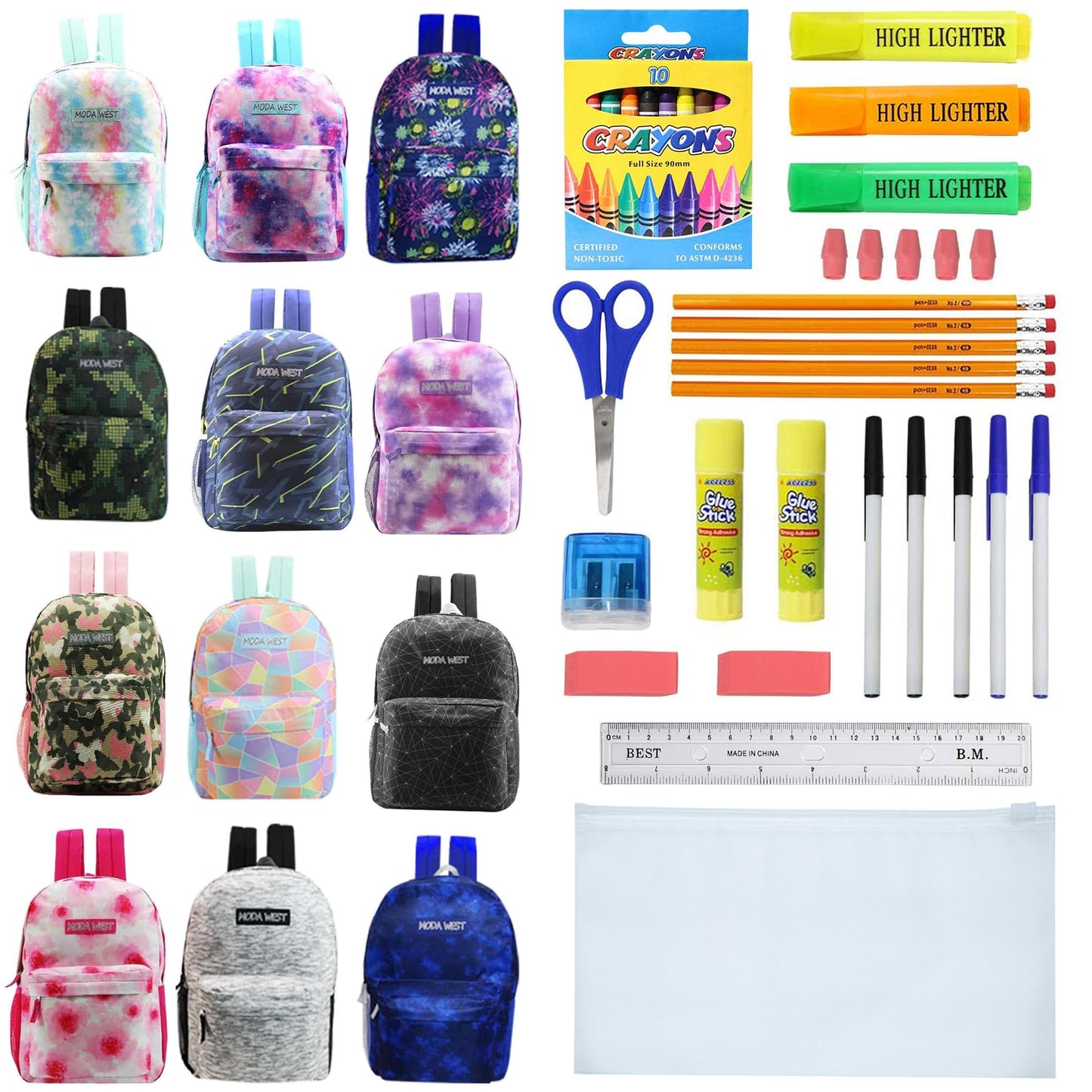 Wholesale Backpacks for Students and 12 Bulk School Supply Kits