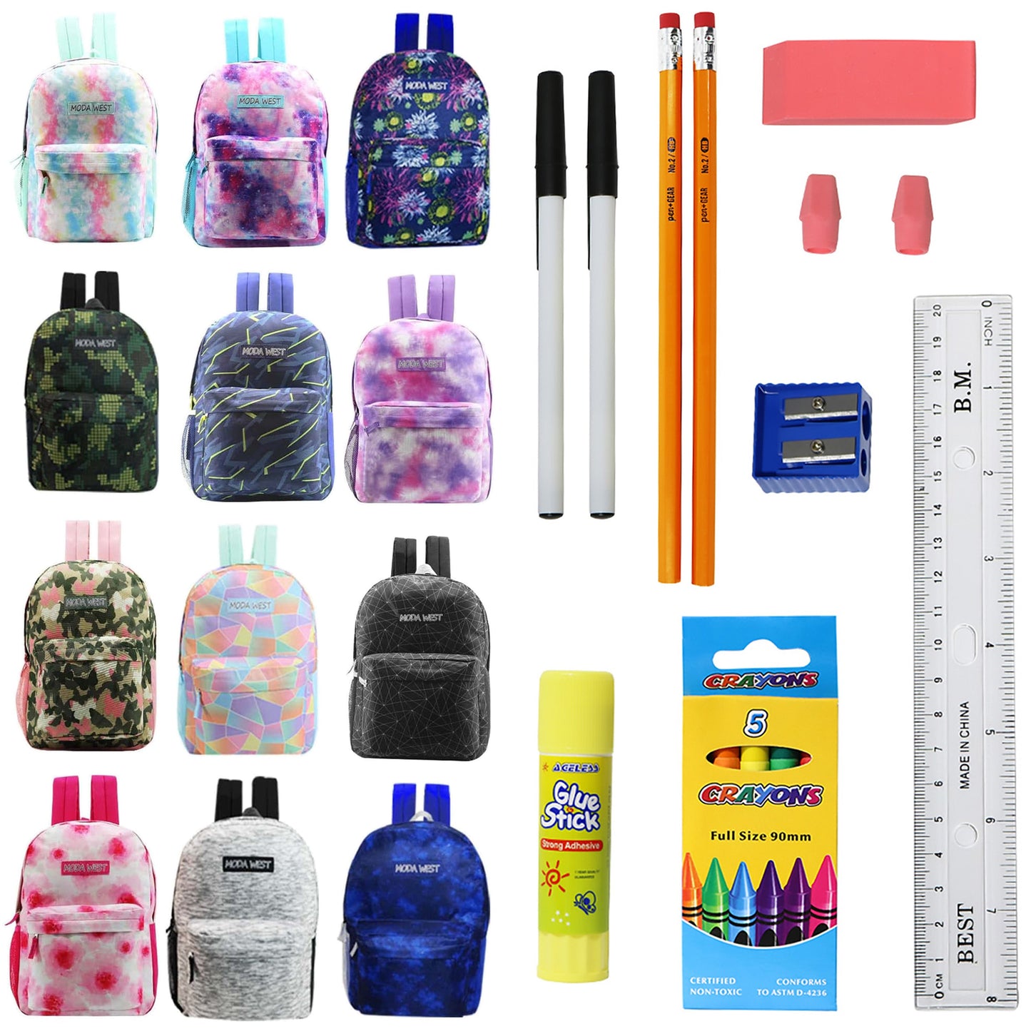 Wholesale Backpacks for Students and 12 Bulk School Supply Kits