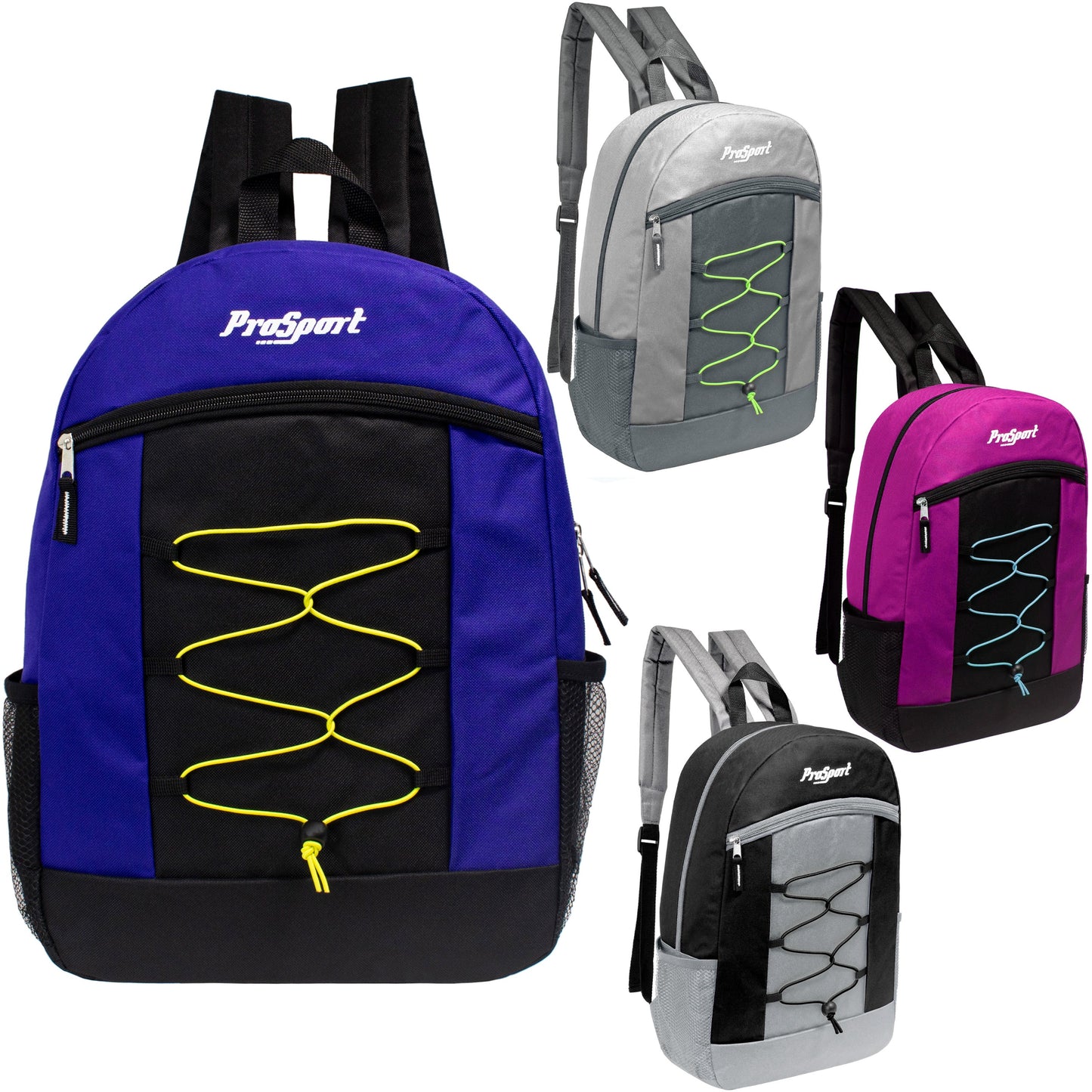 12 Multi-Color 17" Bungee Backpacks in 4 Color Combinations & Your Choice of 12 Bulk Hygiene Kits - Wholesale Care Package: Homeless, Emergency, Charity