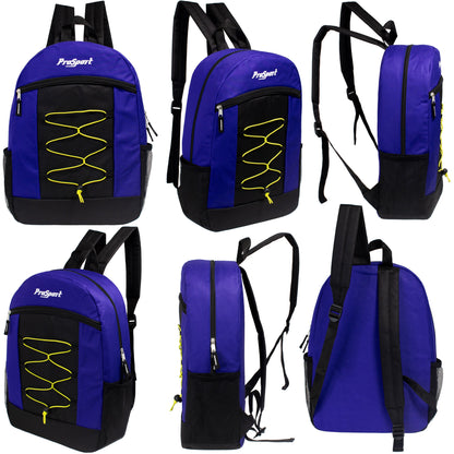 12 Multi-Color 17" Bungee Backpacks in 4 Color Combinations & Your Choice of 12 Bulk Hygiene Kits - Wholesale Care Package: Homeless, Emergency, Charity