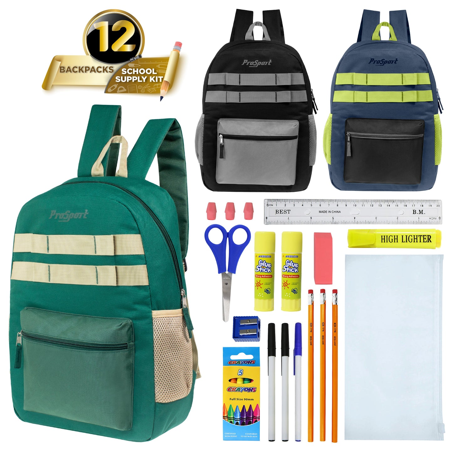 Wholesale Backpacks in Asst Colors & 12 Bulk School Supply Kits