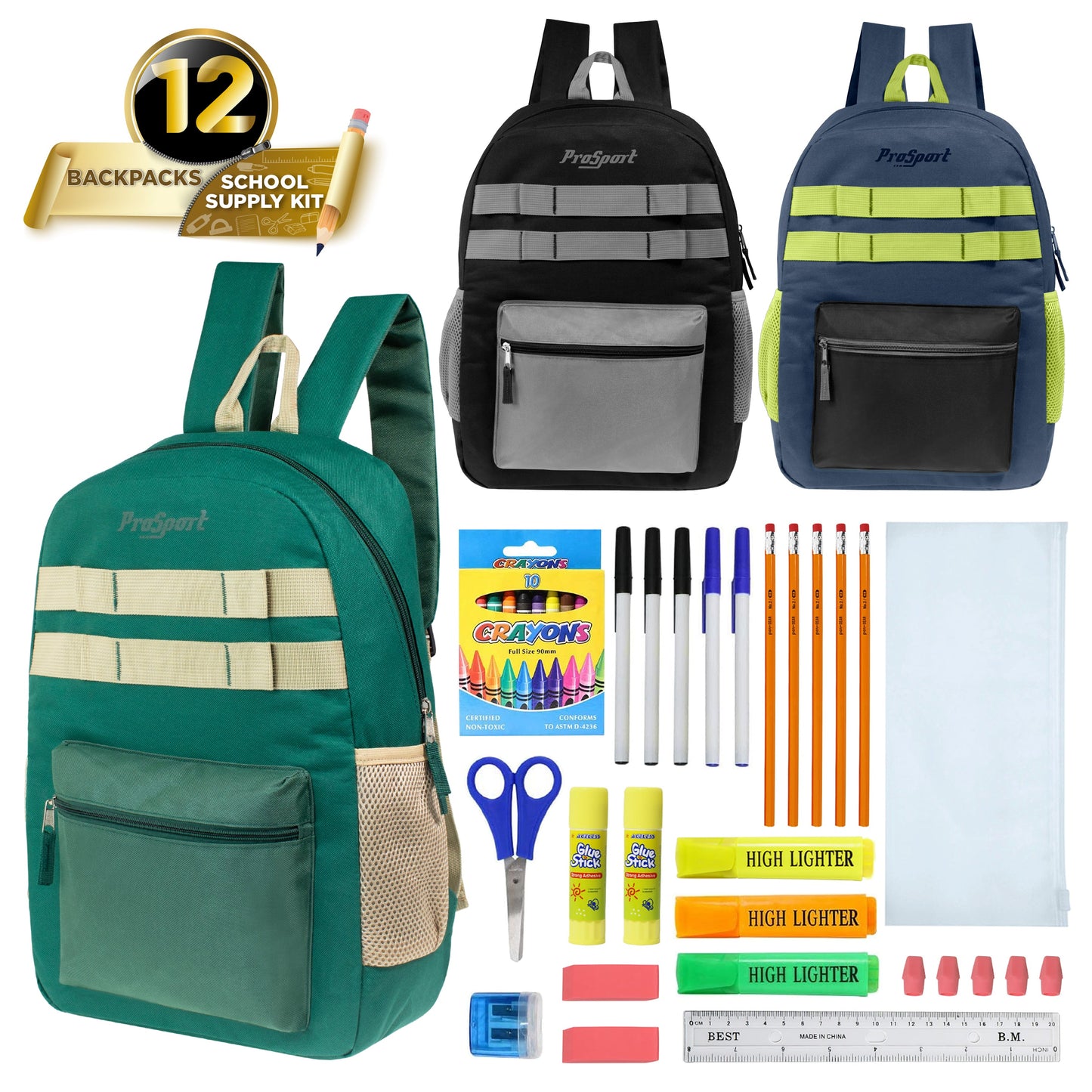 Wholesale Backpacks in Asst Colors & 12 Bulk School Supply Kits