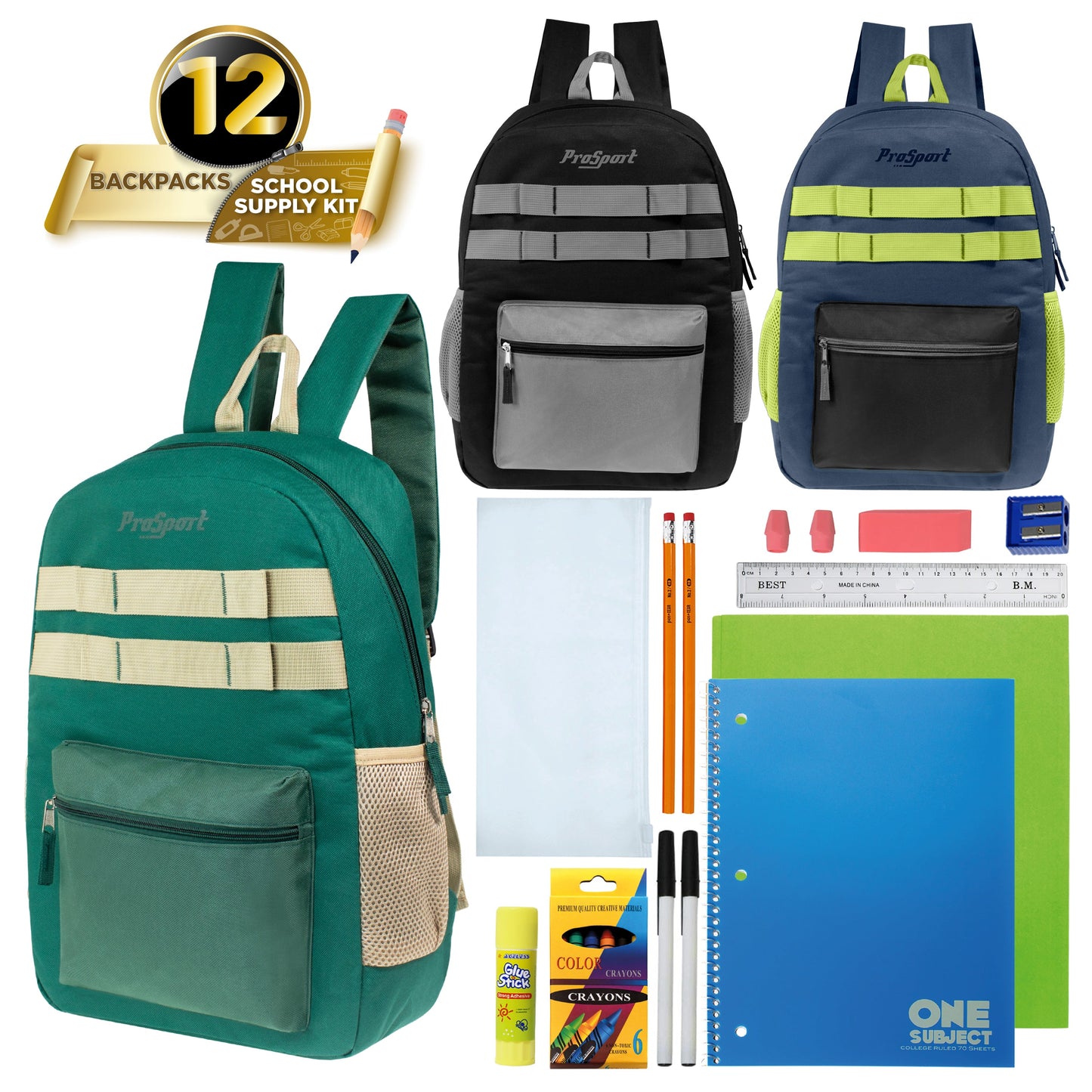 Wholesale Backpacks in Asst Colors & 12 Bulk School Supply Kits