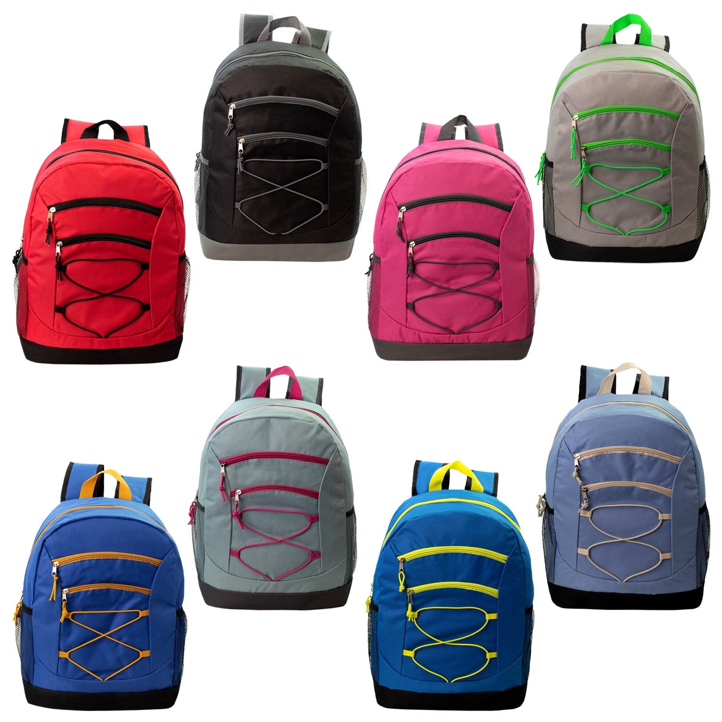 17" Wholesale Bungee Backpacks in 8 Assorted Colors - Bulk Case of 24 Bookbags