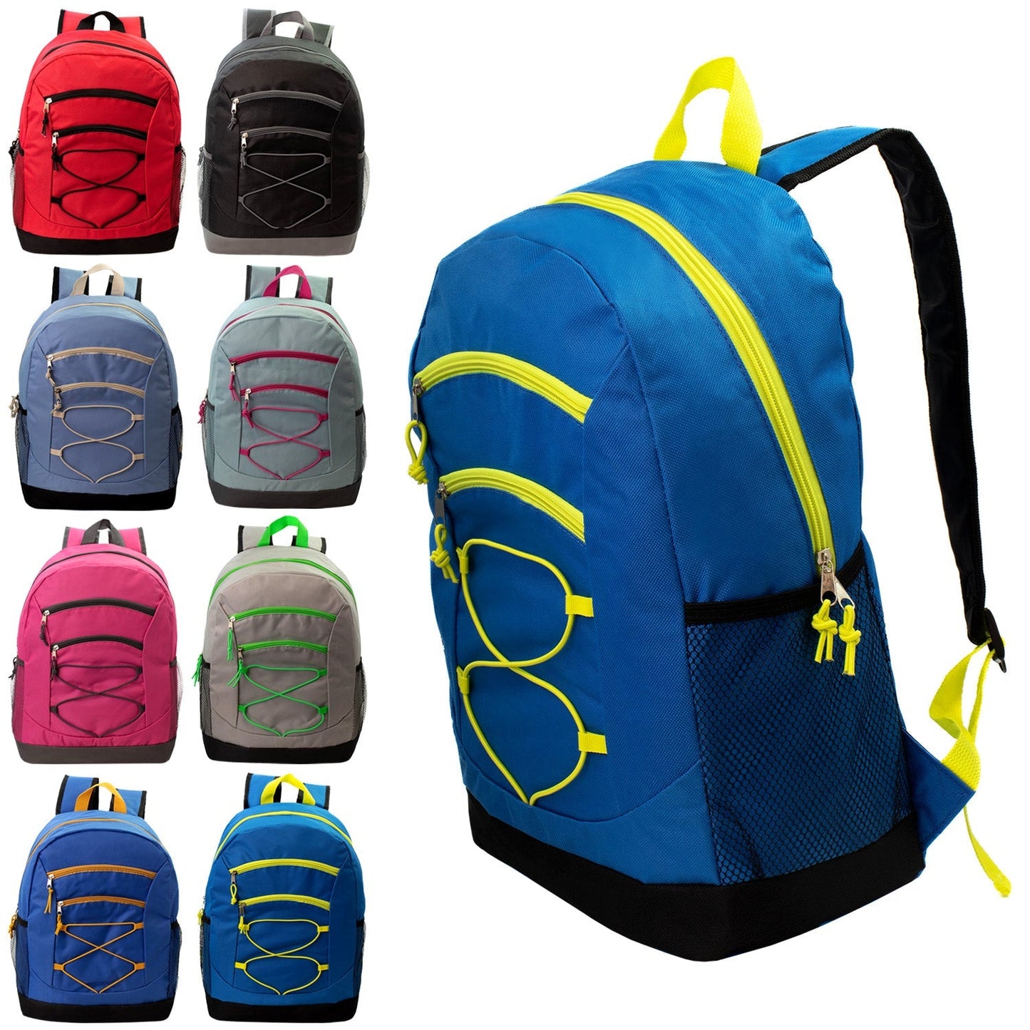 12 Bungee 17" Backpacks in 8 Colors & Your Choice of 12 Bulk Hygiene Kits - Wholesale Care Package: Homeless, Emergency, Charity