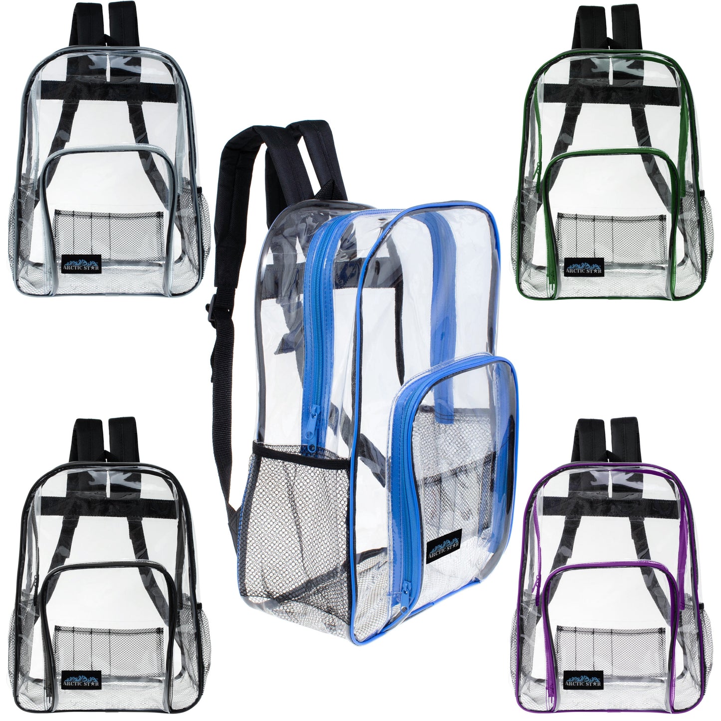 12 Wholesale 13" Clear Backpacks in Assorted Colors and 12 Bulk School Supply Kits of Your Choice