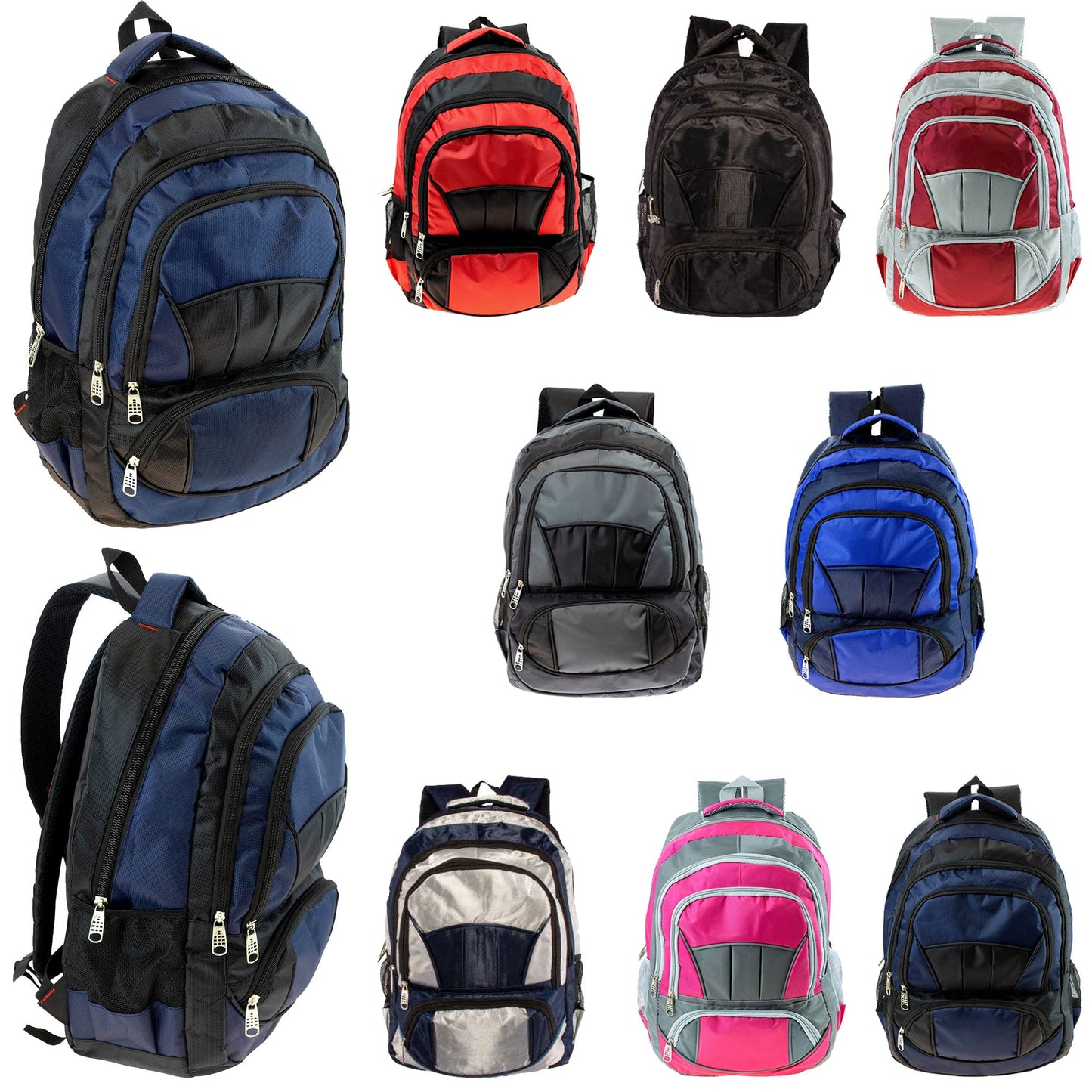 19" Premium Wholesale Backpack in 8 Assorted Colors - Bulk Case of 24