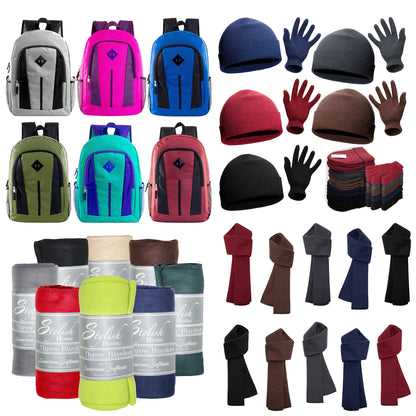 12 Diamond Patch 17" Backpacks & Your Choice of 12 Bulk Winter Item Sets - Wholesale Care Package: Homeless, Emergency, Charity