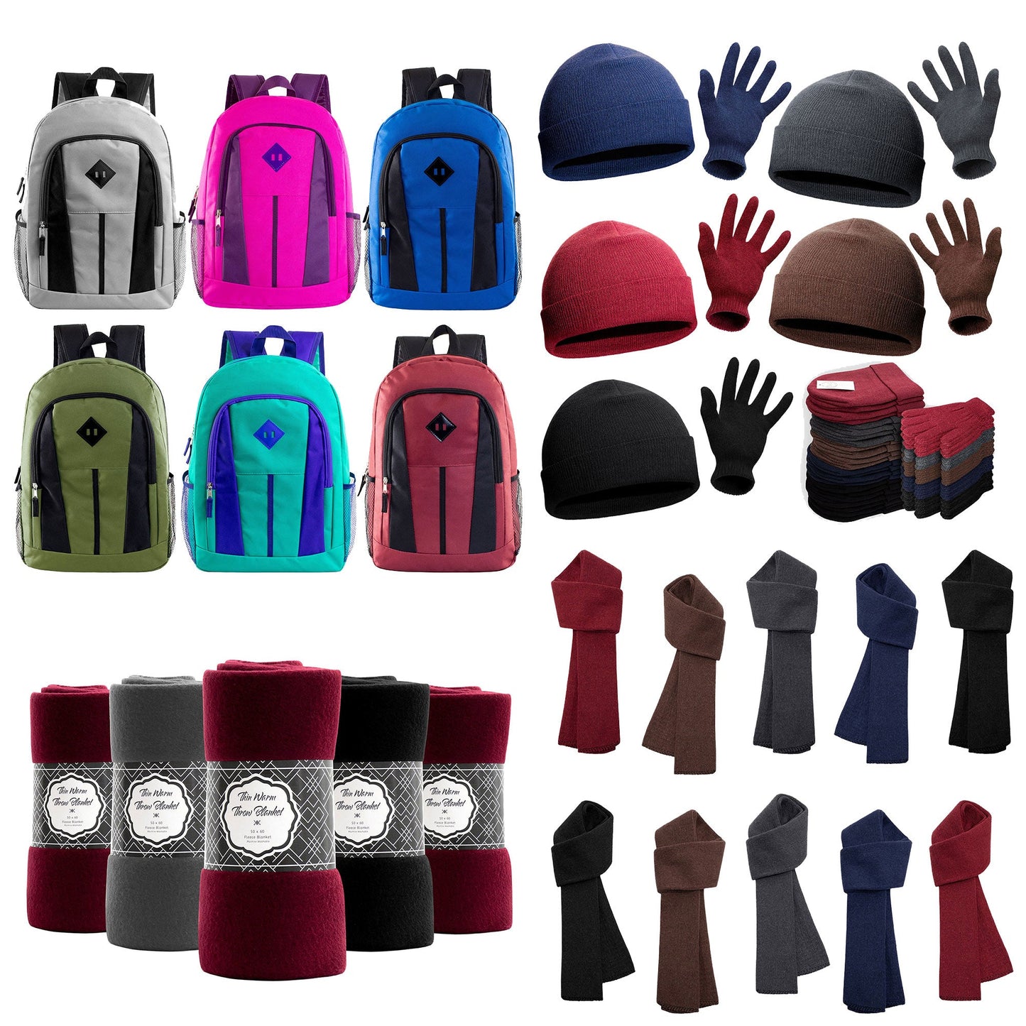 12 Diamond Patch 17" Backpacks & Your Choice of 12 Bulk Winter Item Sets - Wholesale Care Package: Homeless, Emergency, Charity