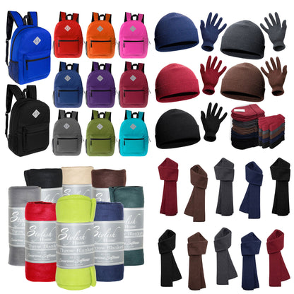 12 Bulk 17" Diamond Patch Backpacks & Your Choice of 12 Winter Item Sets - Wholesale Care Package: Homeless, Emergency, Charity