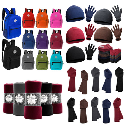 12 Bulk 17" Diamond Patch Backpacks & Your Choice of 12 Winter Item Sets - Wholesale Care Package: Homeless, Emergency, Charity