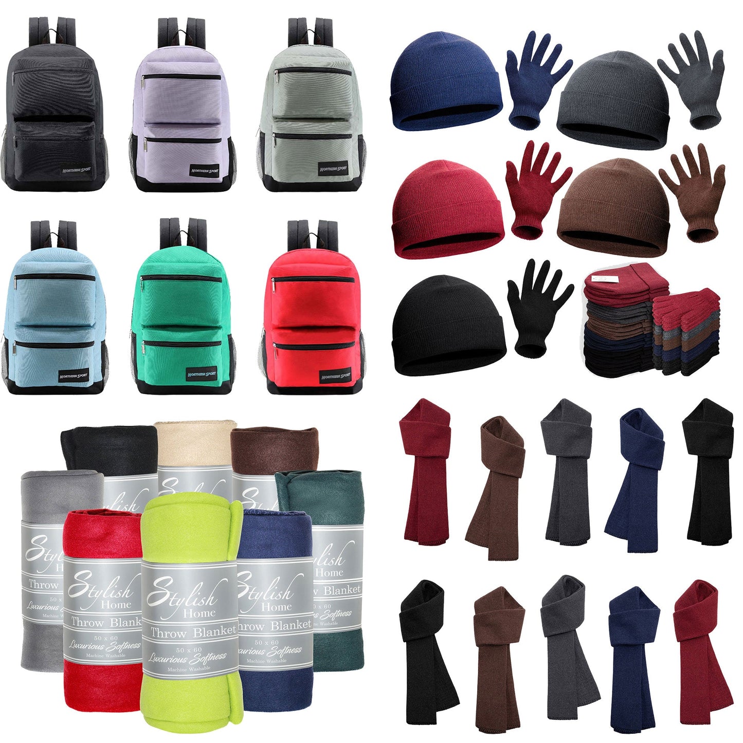 12 19" Premium 3 Zip Backpacks & Your Choice of 12 Bulk Winter Item Sets - Wholesale Care Package: Homeless, Emergency, Charity