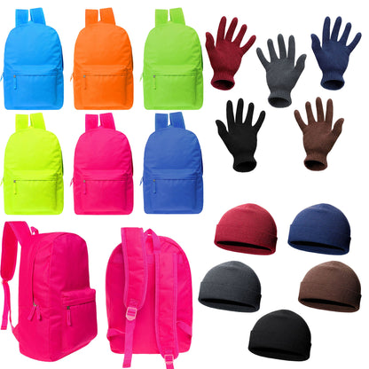 12 Bright 17" Backpacks & Your Choice of 12 Bulk Winter Item Sets - Wholesale Care Package: Homeless, Emergency, Charity