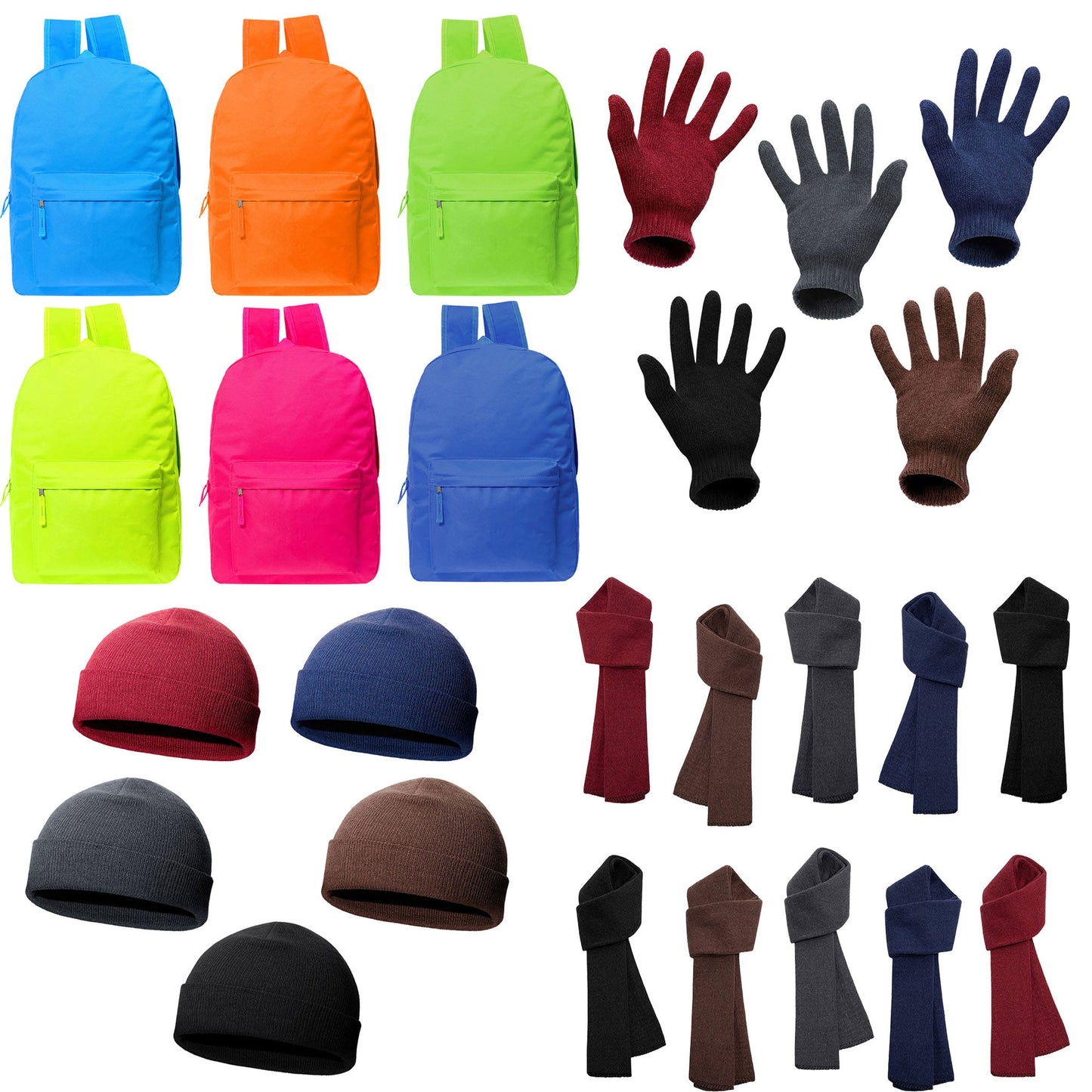 12 Bright 17" Backpacks & Your Choice of 12 Bulk Winter Item Sets - Wholesale Care Package: Homeless, Emergency, Charity