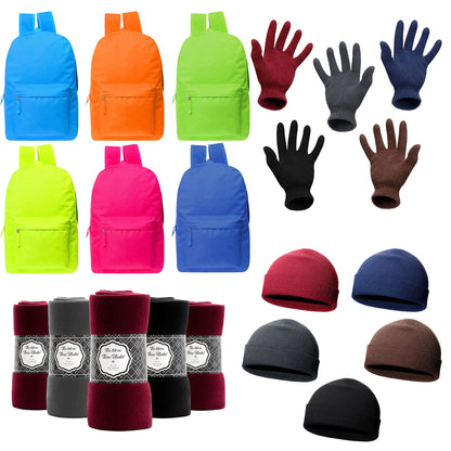 12 Bright 17" Backpacks & Your Choice of 12 Bulk Winter Item Sets - Wholesale Care Package: Homeless, Emergency, Charity