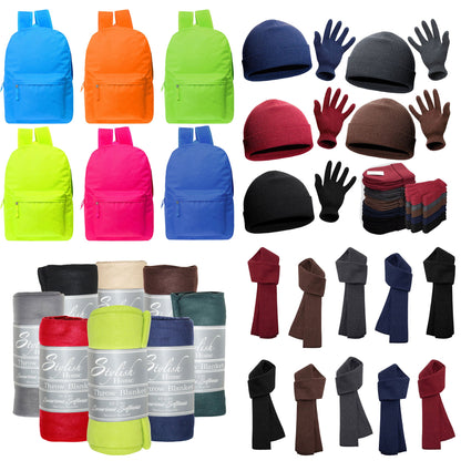 12 Bright 17" Backpacks & Your Choice of 12 Bulk Winter Item Sets - Wholesale Care Package: Homeless, Emergency, Charity