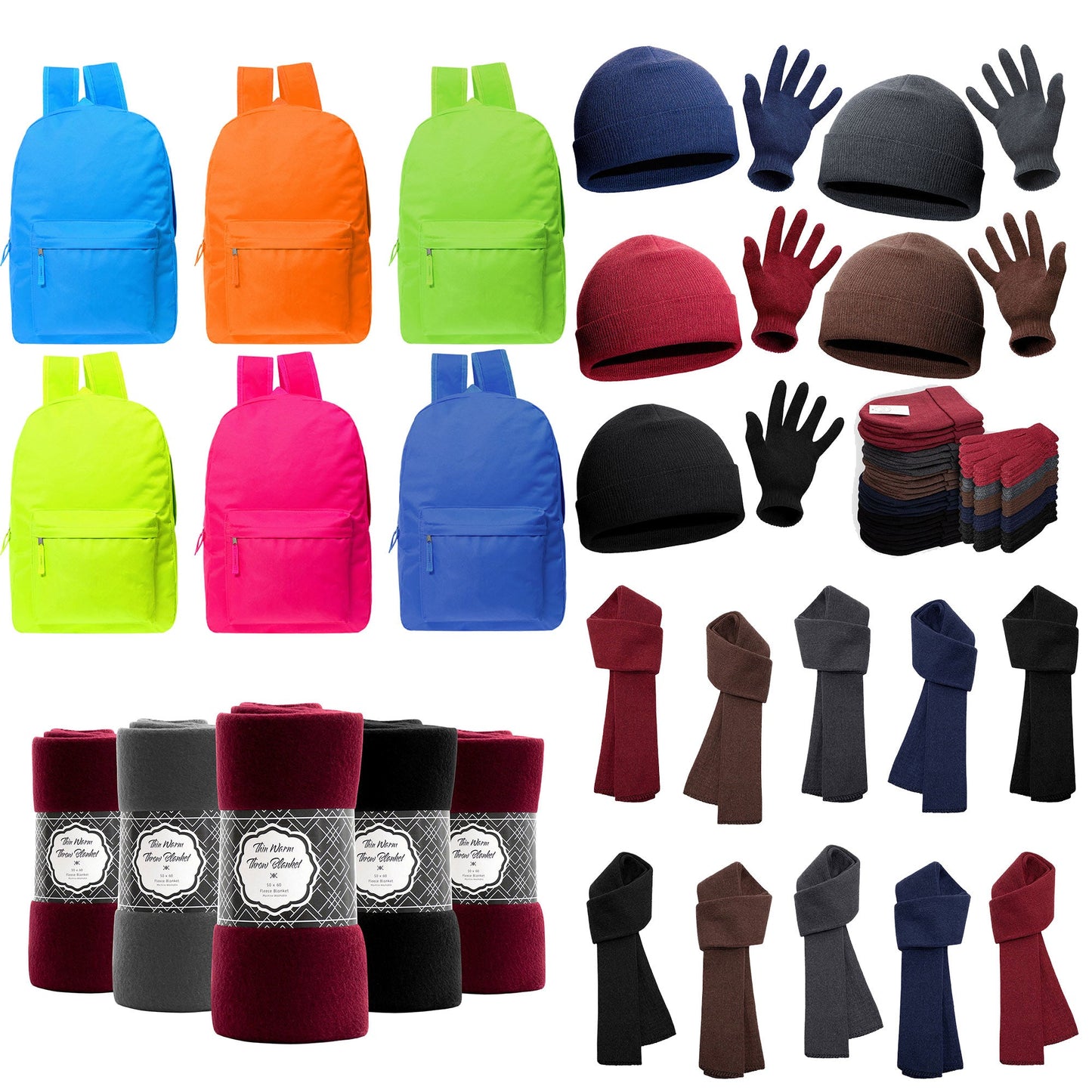 12 Bright 17" Backpacks & Your Choice of 12 Bulk Winter Item Sets - Wholesale Care Package: Homeless, Emergency, Charity