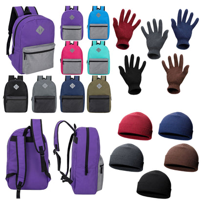 12 Bulk 17" Multi-Color Diamond Patch Backpacks & Your Choice of 12 Winter Item Sets - Wholesale Care Package: Homeless, Emergency, Charity