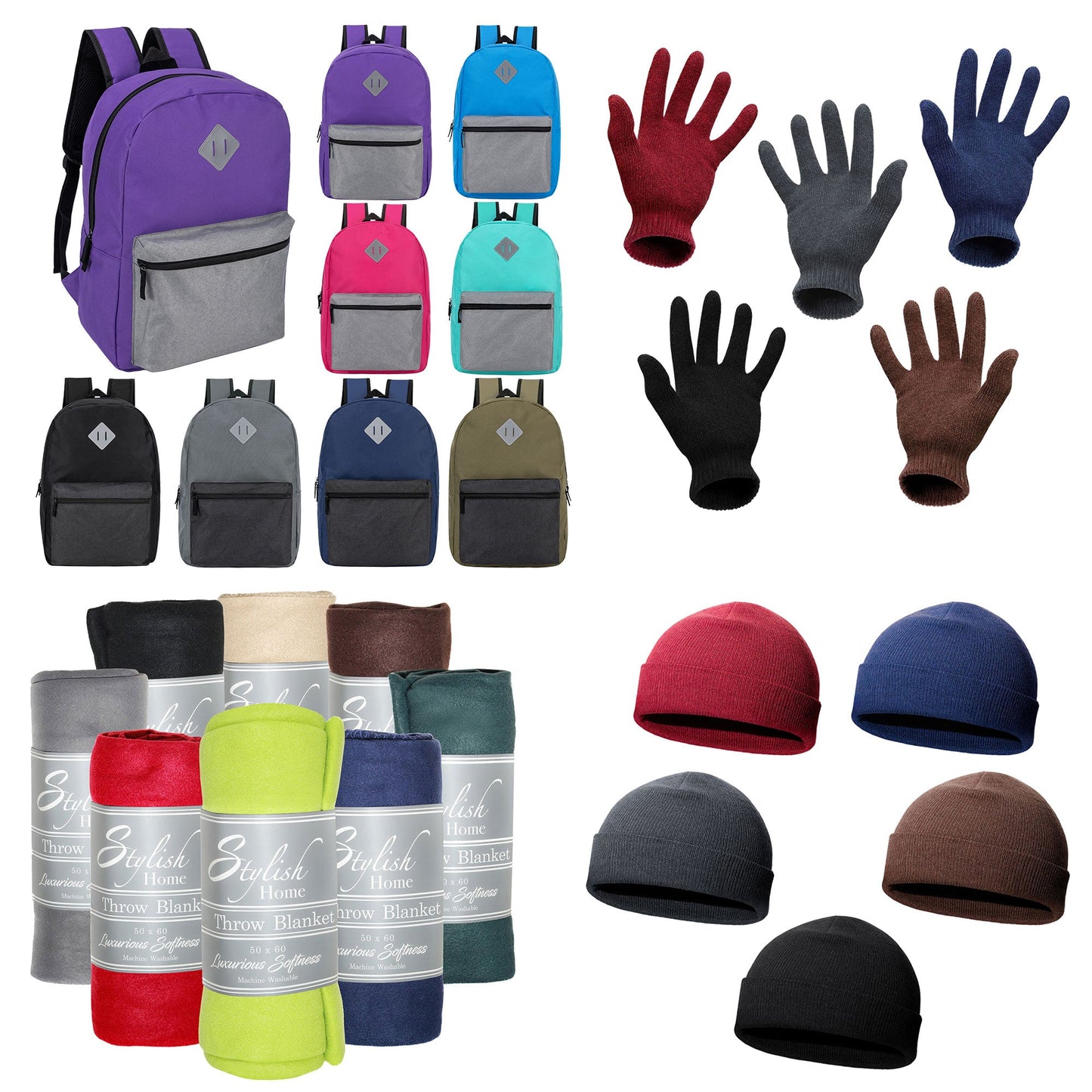 12 Bulk 17" Multi-Color Diamond Patch Backpacks & Your Choice of 12 Winter Item Sets - Wholesale Care Package: Homeless, Emergency, Charity