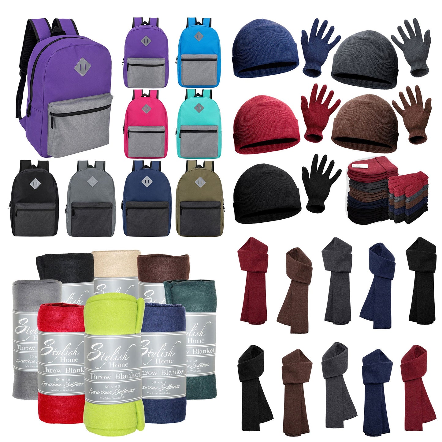 12 Bulk 17" Multi-Color Diamond Patch Backpacks & Your Choice of 12 Winter Item Sets - Wholesale Care Package: Homeless, Emergency, Charity