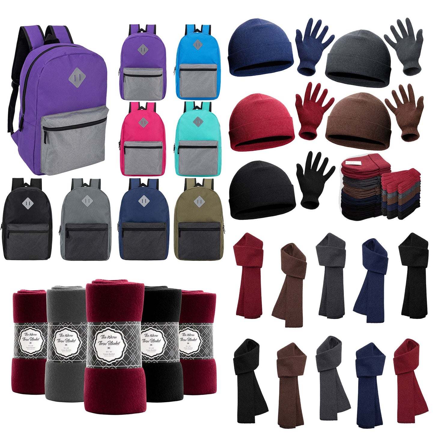 12 Bulk 17" Multi-Color Diamond Patch Backpacks & Your Choice of 12 Winter Item Sets - Wholesale Care Package: Homeless, Emergency, Charity