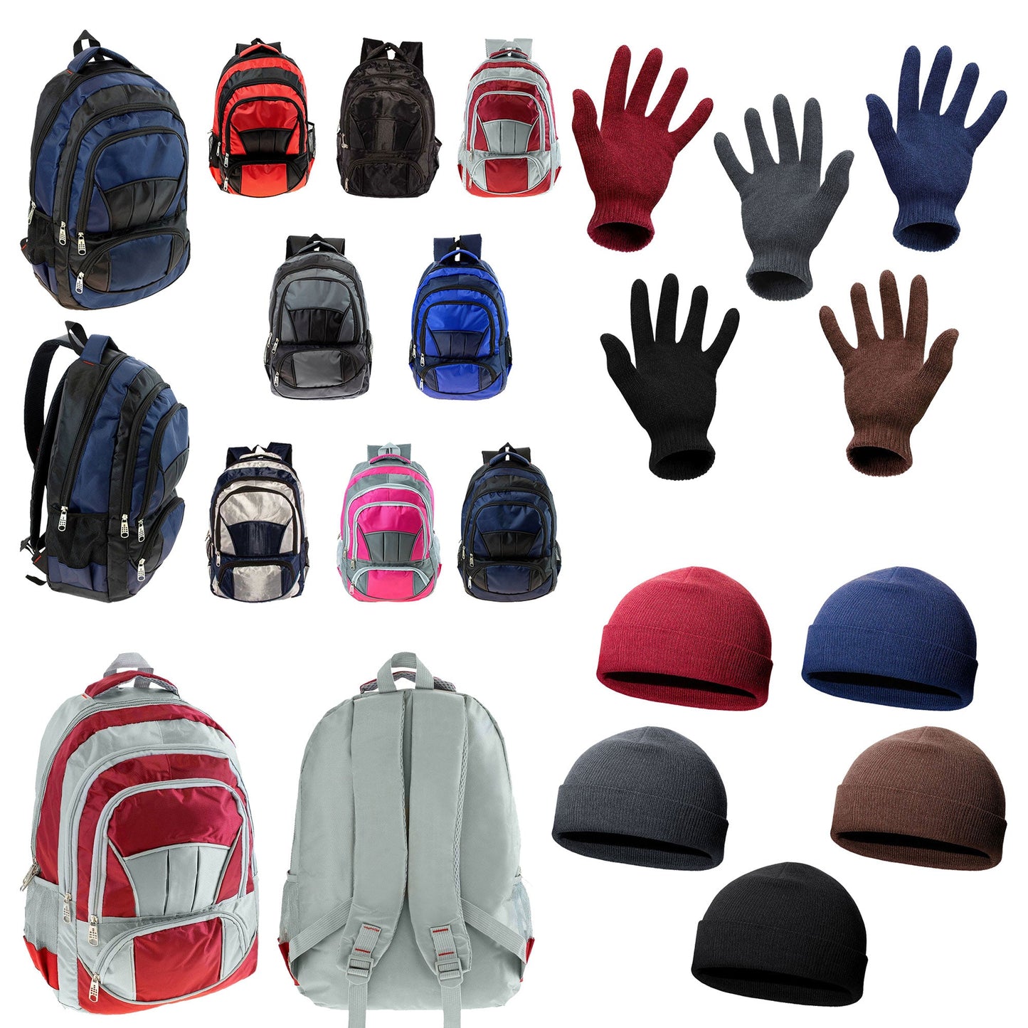 12 19" Premium 4 Pocket Backpacks & Your Choice of 12 Bulk Winter Item Sets - Wholesale Care Package: Homeless, Emergency, Charity