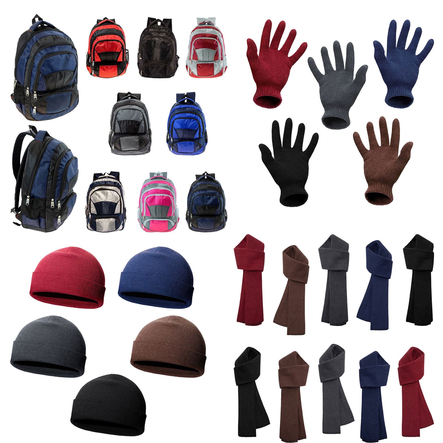 12 19" Premium 4 Pocket Backpacks & Your Choice of 12 Bulk Winter Item Sets - Wholesale Care Package: Homeless, Emergency, Charity