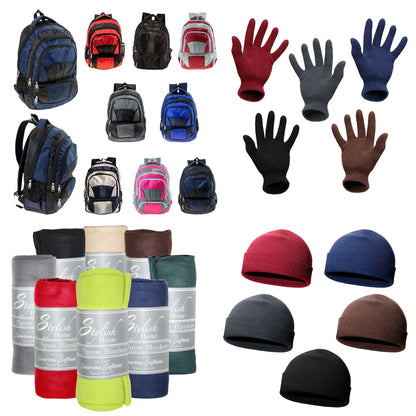 12 19" Premium 4 Pocket Backpacks & Your Choice of 12 Bulk Winter Item Sets - Wholesale Care Package: Homeless, Emergency, Charity