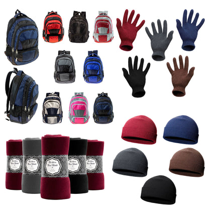 12 19" Premium 4 Pocket Backpacks & Your Choice of 12 Bulk Winter Item Sets - Wholesale Care Package: Homeless, Emergency, Charity