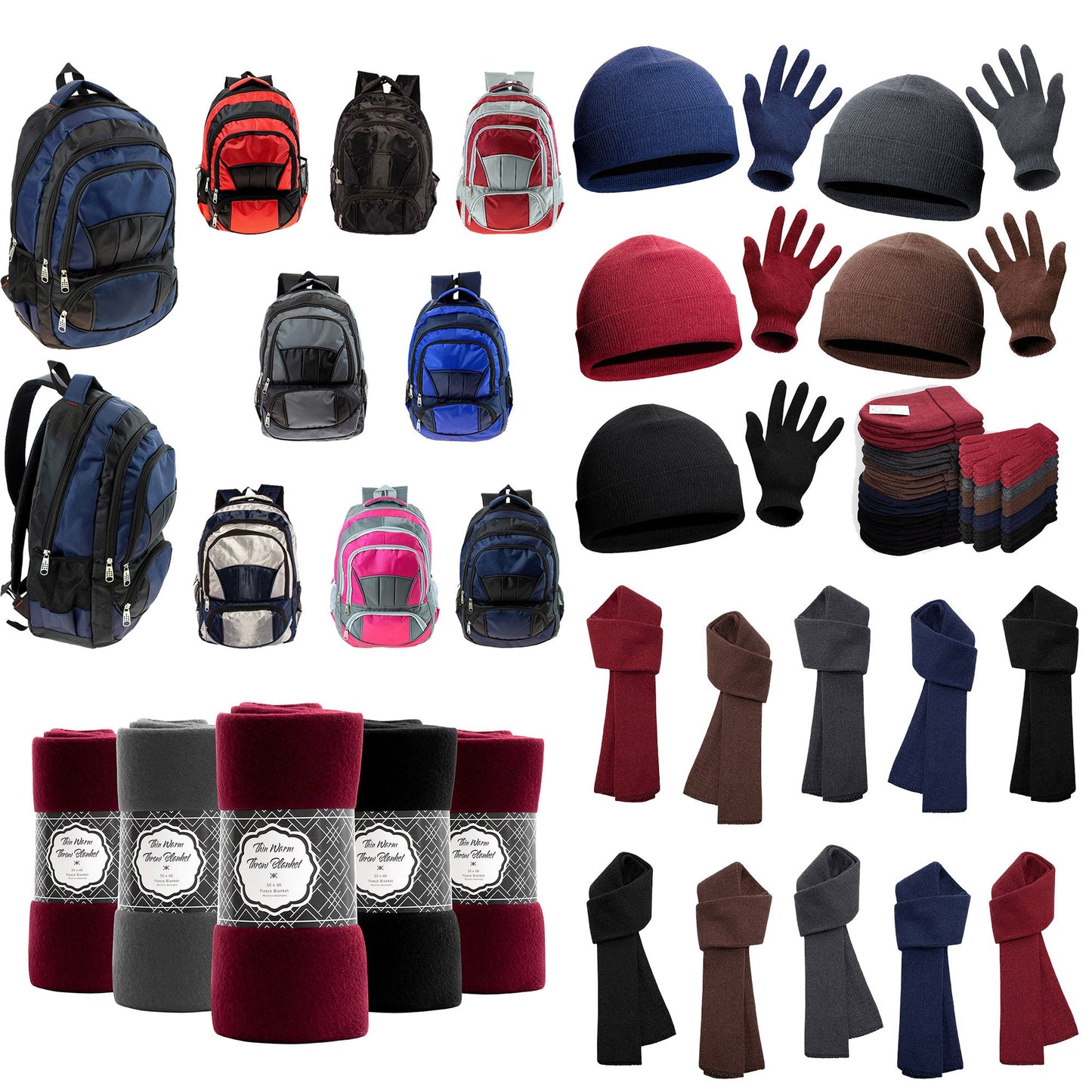 12 19" Premium 4 Pocket Backpacks & Your Choice of 12 Bulk Winter Item Sets - Wholesale Care Package: Homeless, Emergency, Charity