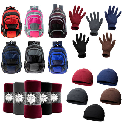 12 Premium 16" Backpacks & Your Choice of 12 Bulk Winter Item Sets - Wholesale Care Package: Homeless, Emergency, Charity