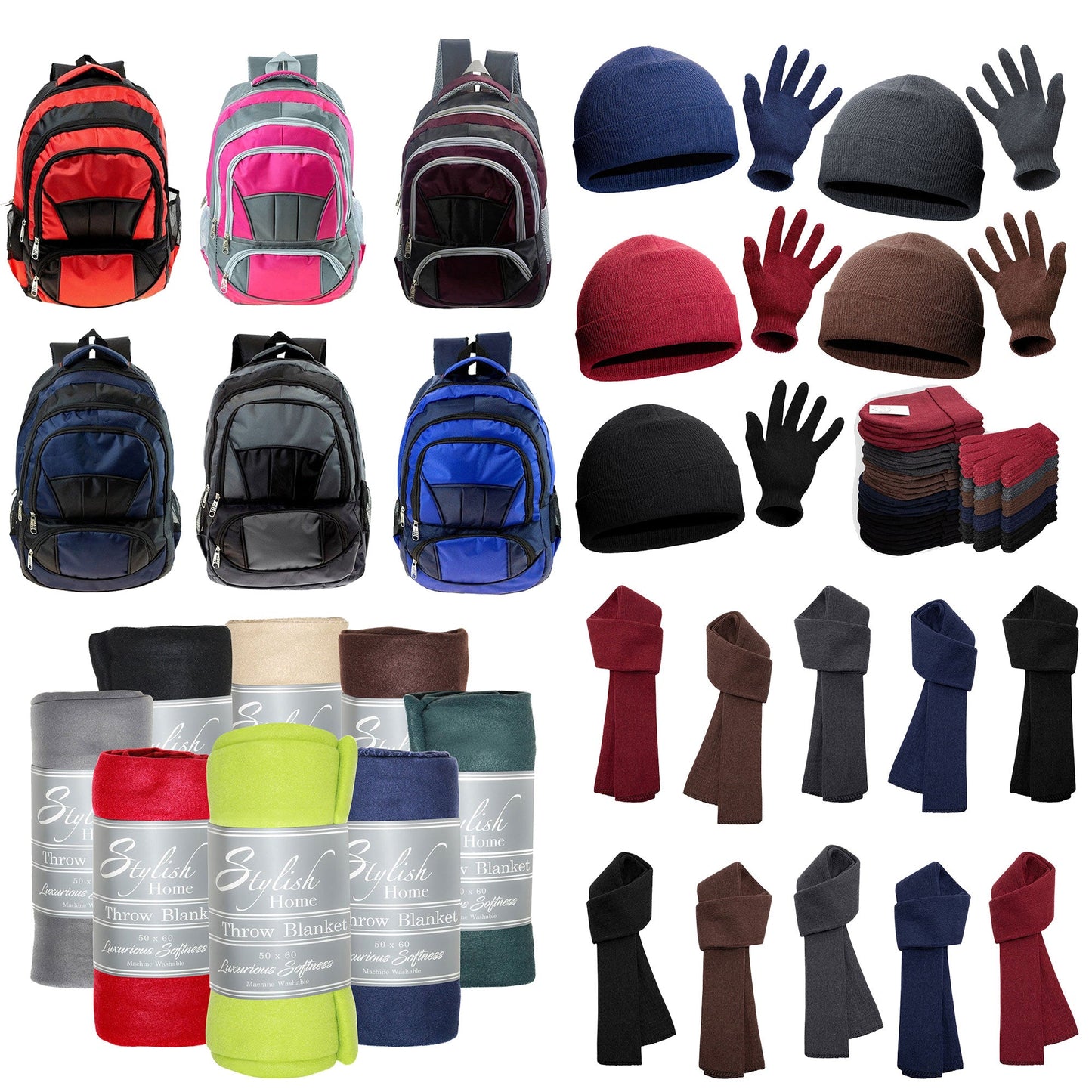 12 Premium 16" Backpacks & Your Choice of 12 Bulk Winter Item Sets - Wholesale Care Package: Homeless, Emergency, Charity