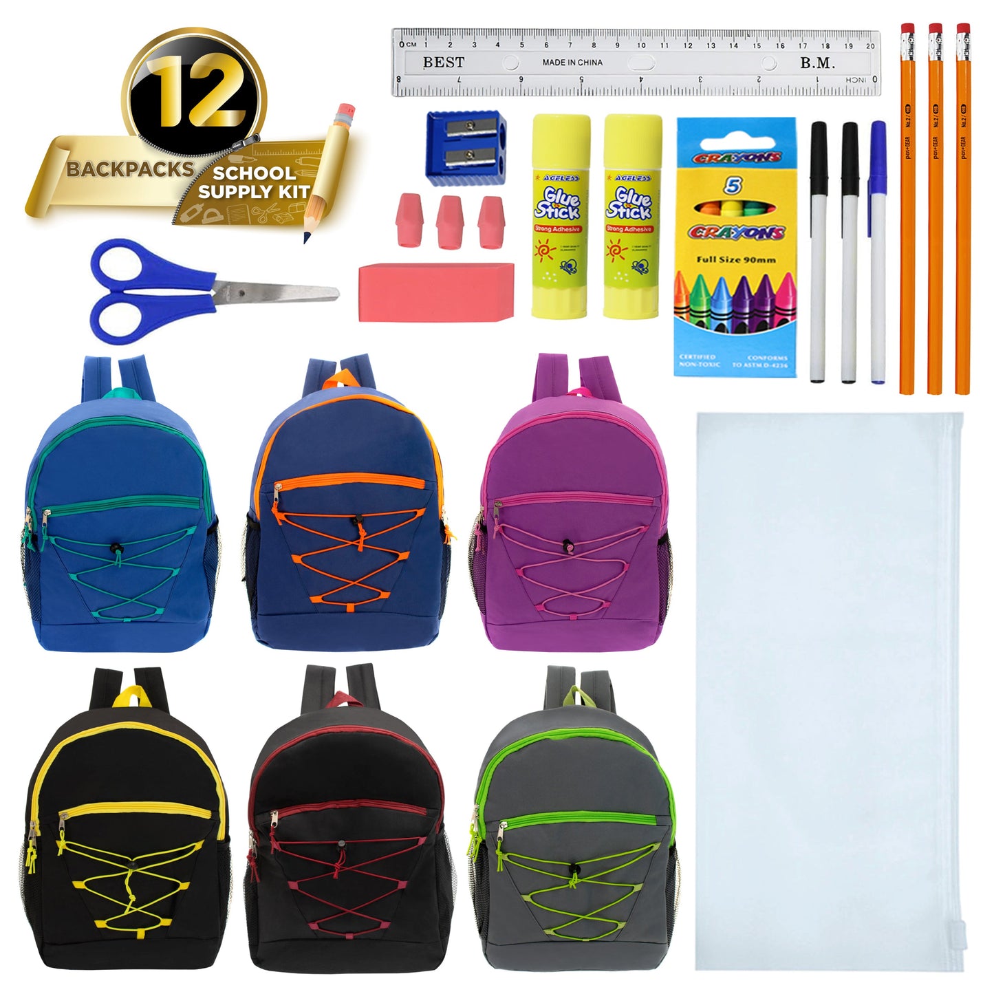 12 Wholesale 17" Bungee Backpacks in Assorted Colors & 12 Bulk School Supply Kits of Your Choice