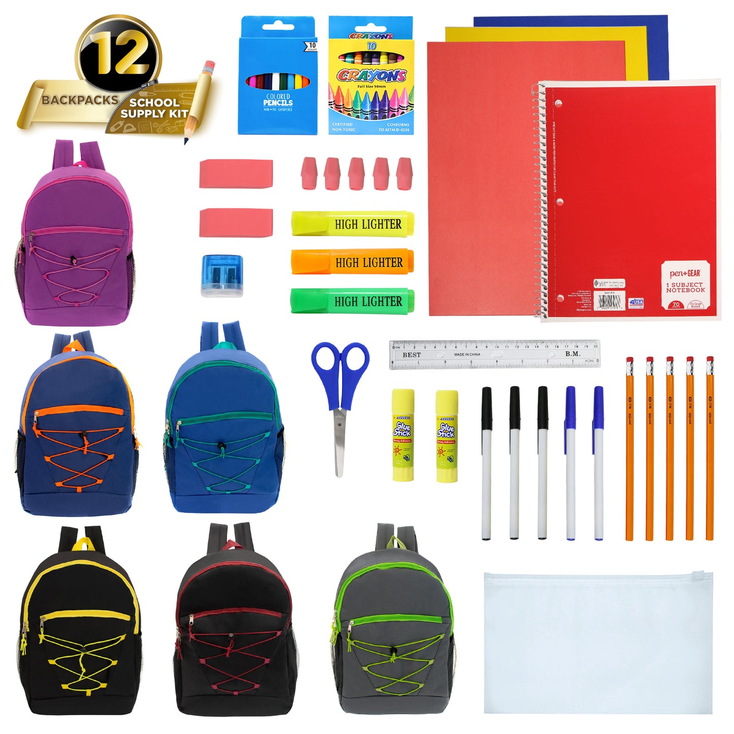 12 Wholesale 17" Bungee Backpacks in Assorted Colors & 12 Bulk School Supply Kits of Your Choice